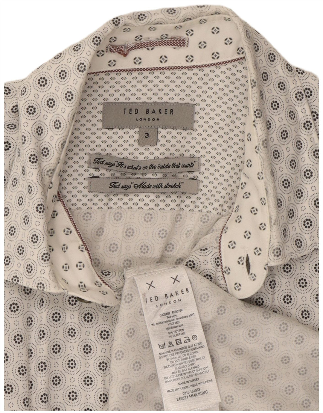 Koszula męska Ted Baker, rozmiar 3, średnia biała, bawełniana w geometryczne wzory