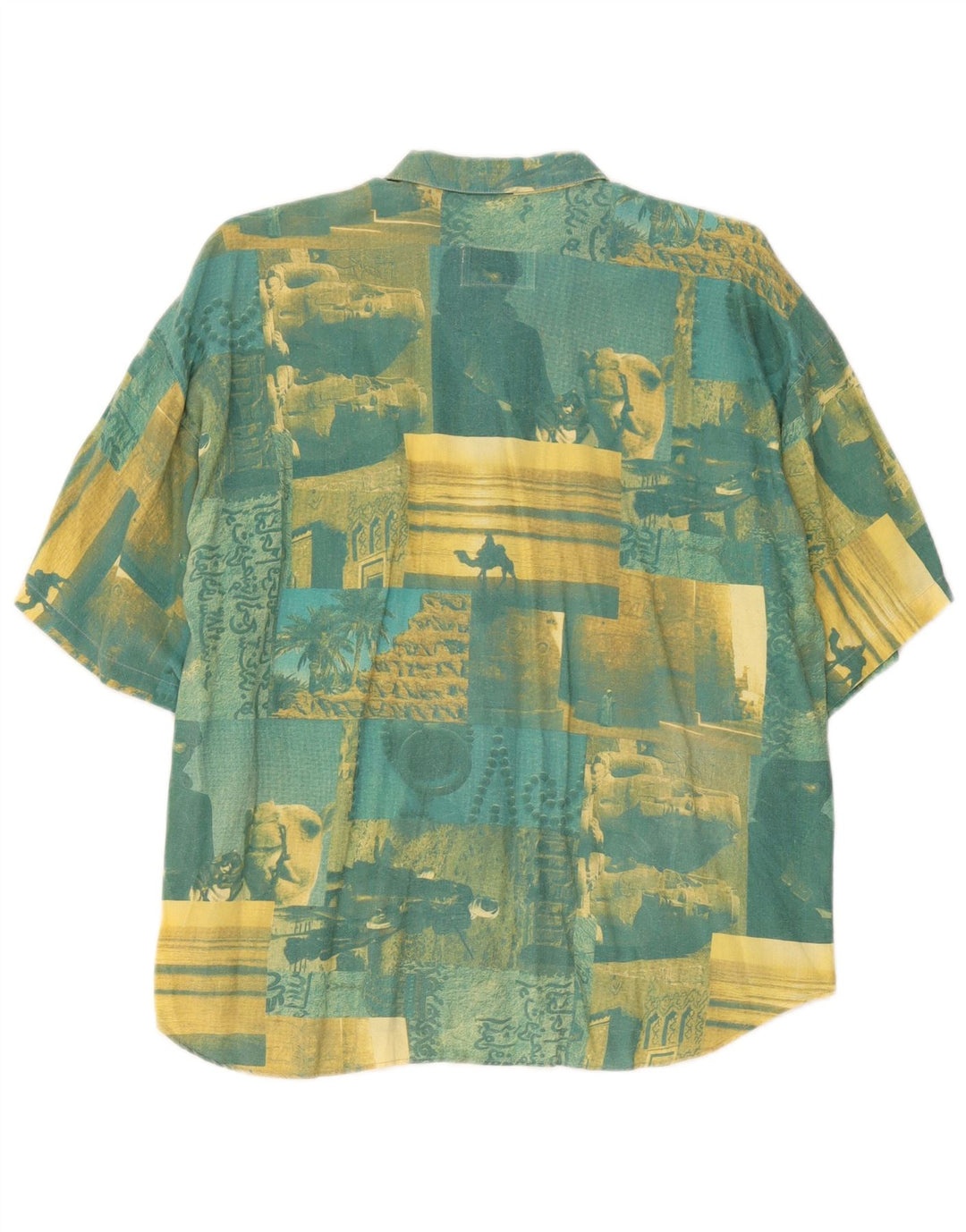 Męska koszula z krótkim rękawem w stylu vintage, 2XL, zielona, patchworkowa, bawełniana