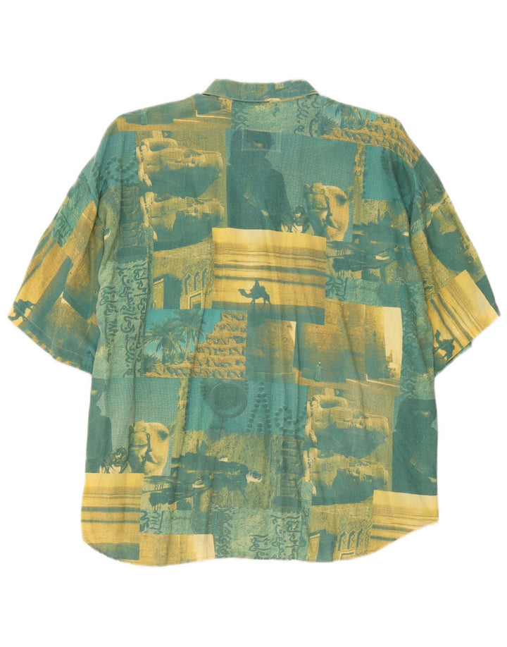 Męska koszula z krótkim rękawem w stylu vintage, 2XL, zielona, patchworkowa, bawełniana