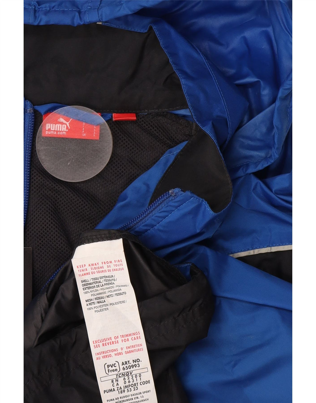 Męska kurtka przeciwdeszczowa Puma z kapturem UK 40, duży niebieski nylon z blokami kolorów