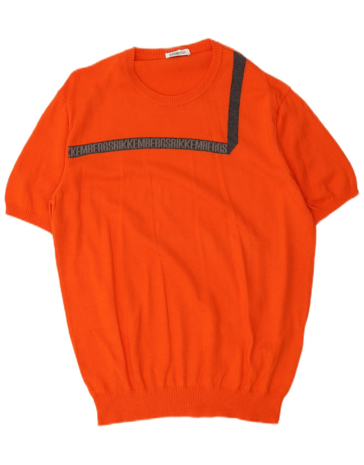 Bikkembergs Męski sweter z graficznym wycięciem pod szyją, duży, pomarańczowy, bawełniany