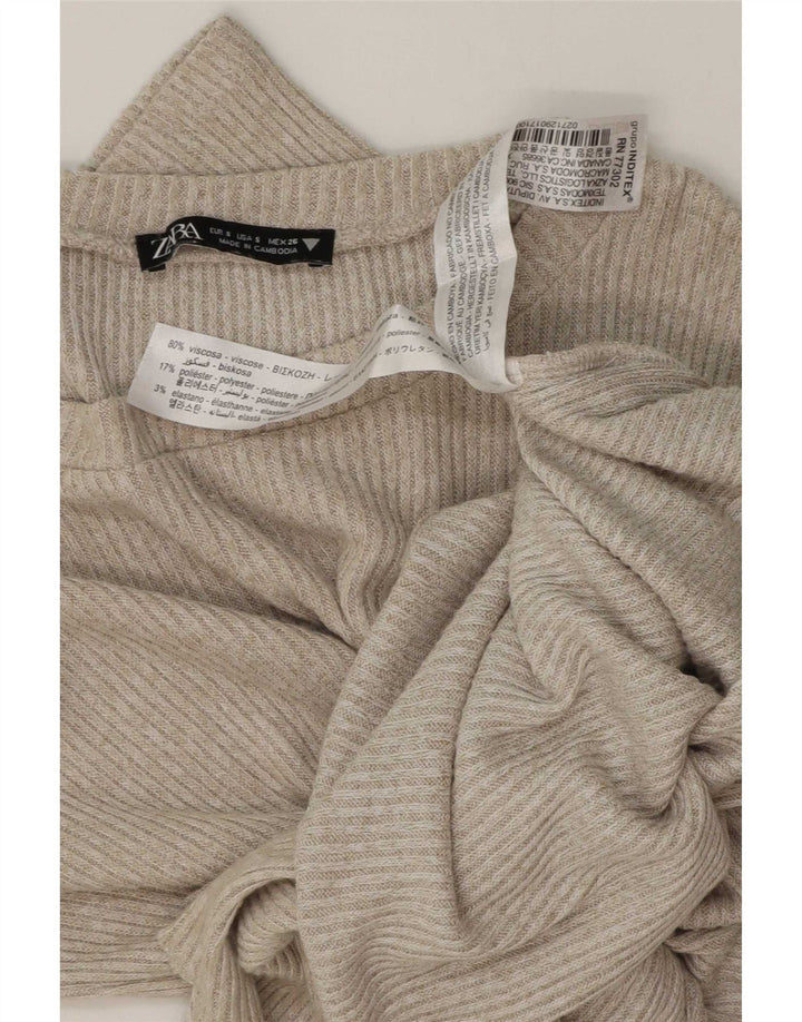 Damski top Zara z długim rękawem, wiązany z przodu, UK 10 Small, beżowa wiskoza
