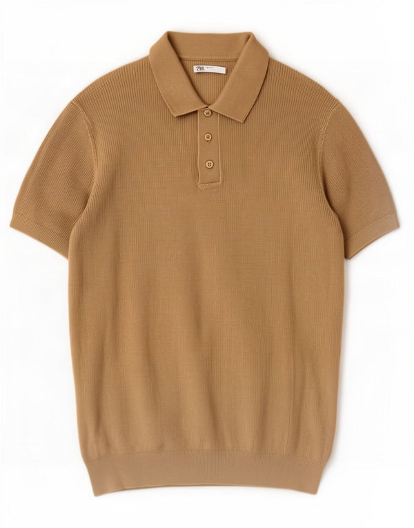 Męski sweter Zara z krótkim rękawem i dekoltem w serek, średnia bawełna khaki
