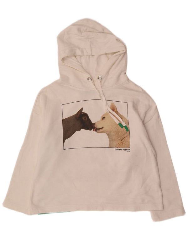 Damski sweter z kapturem i grafiką BENETTON UK 14, średni złamanej bieli