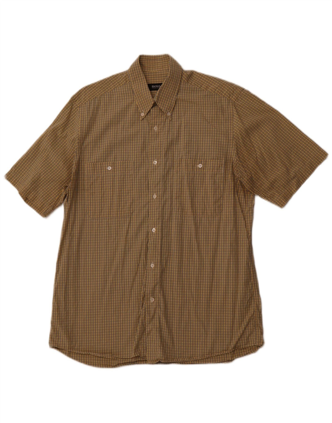 Męska koszula z krótkim rękawem HUGO BOSS, rozmiar 40, bawełniana w średnią żółtą kratkę