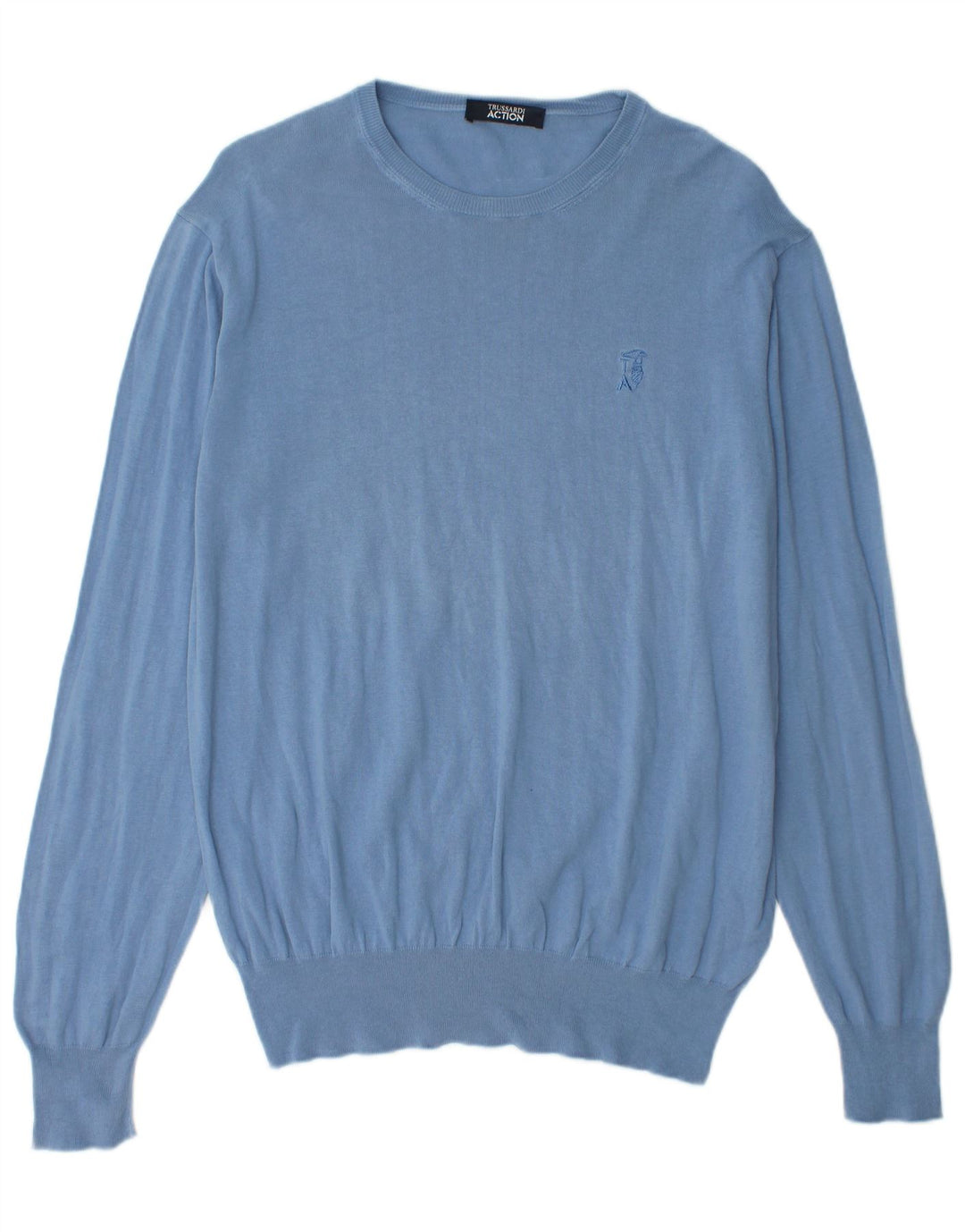 Męski sweter z okrągłym dekoltem TRUSSARDI IT 52, duży, niebieski, bawełniany