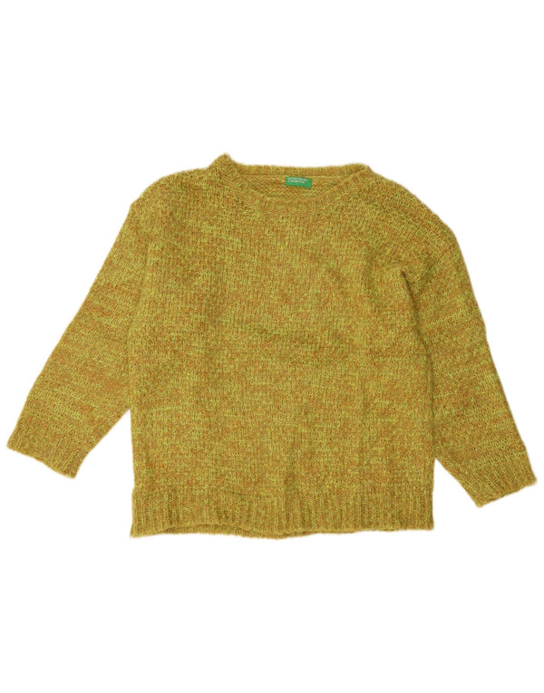 Damski sweter Benetton z dekoltem w łódkę UK 16, duży, zielony, nakrapiany akryl
