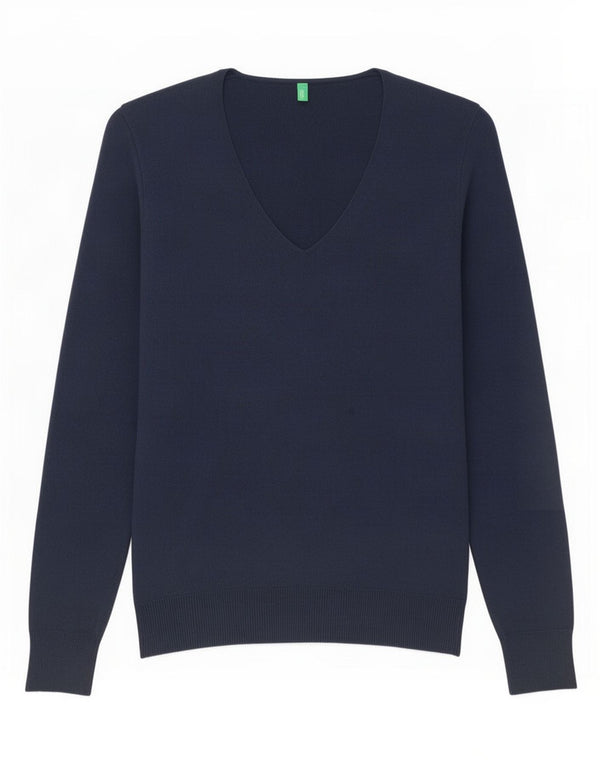 Sweter damski Benetton z dekoltem w kształcie litery V, UK 10, mały, granatowy, bawełniany