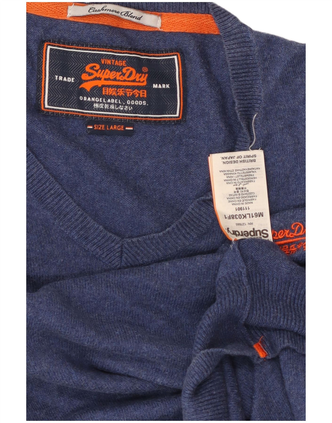 Męski sweter Superdry z dekoltem w kształcie litery V, duży, niebieski, bawełniany