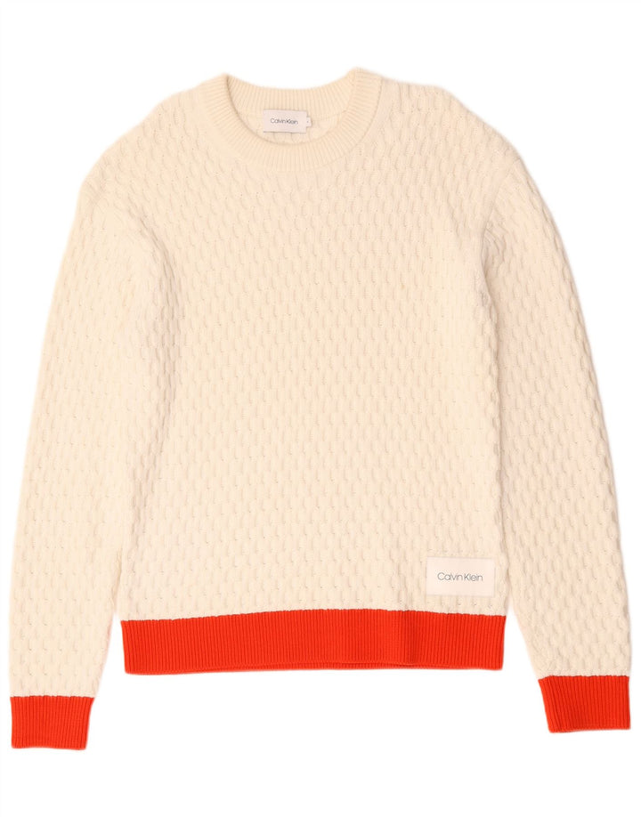 Męski sweter Calvin Klein z okrągłym dekoltem, bawełniany, w kolorze średniej bieli