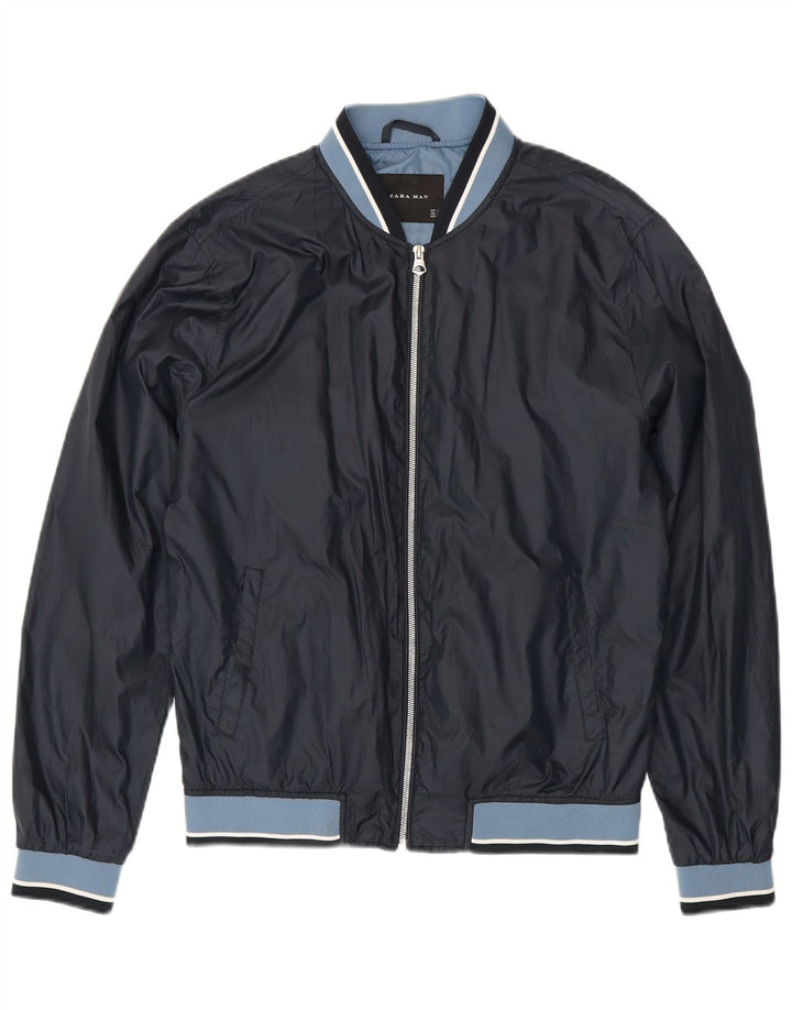 Męska kurtka bomberka Zara UK 40, duża, granatowa, z poliestru w blokach kolorów