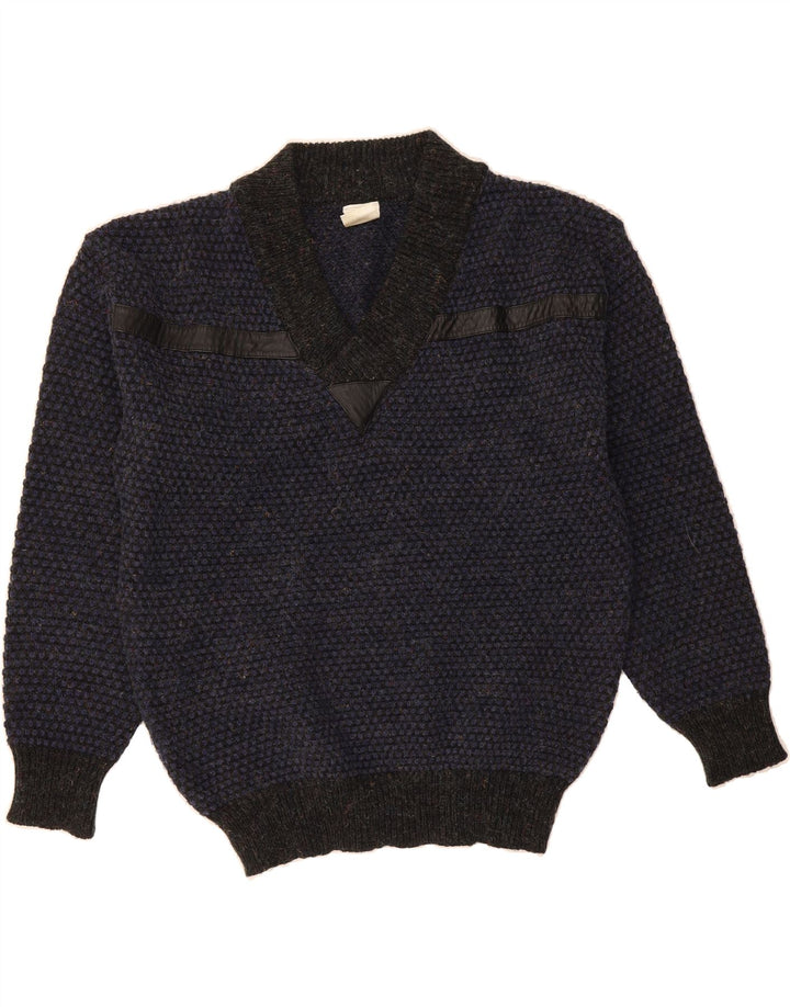 VINTAGE Mens V-Neck Jumper Sweater Medium Navy Blue Acrylic Vintage Vintage and Second-Hand Vintage from Messina Hembry 