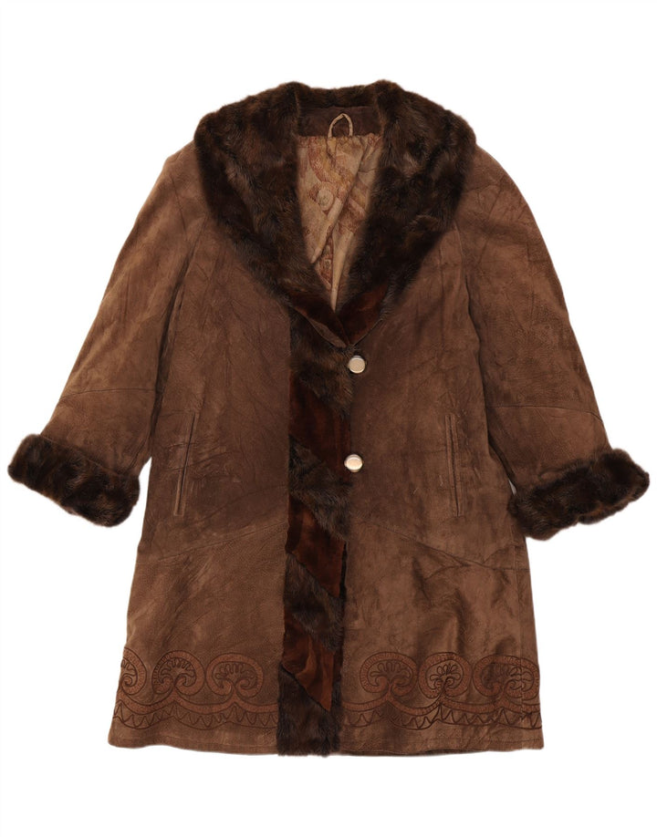 Zamszowy płaszcz damski w stylu vintage UK 14 Średni brąz Paisley