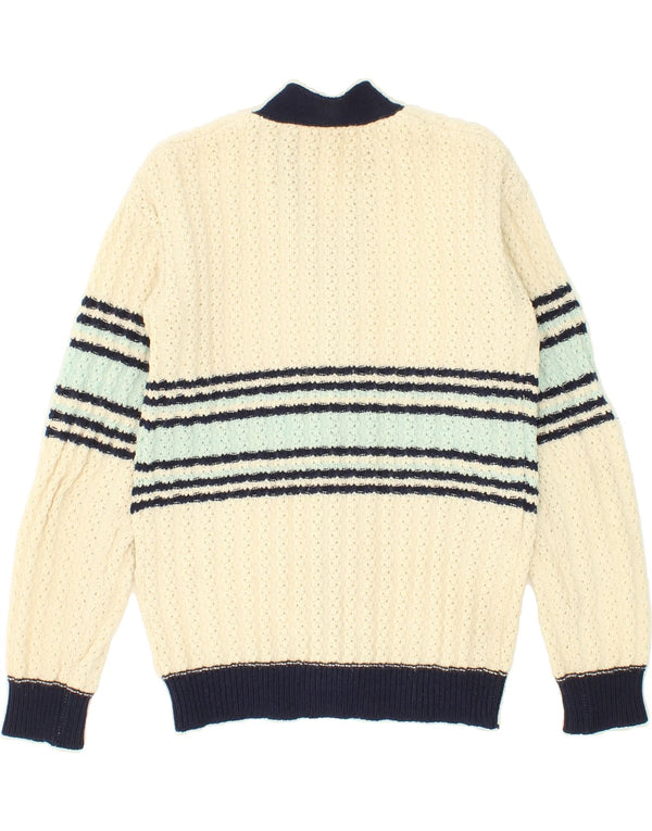 VINTAGE Boys Cardigan Sweater 14-15 Years Off White Striped Acrylic