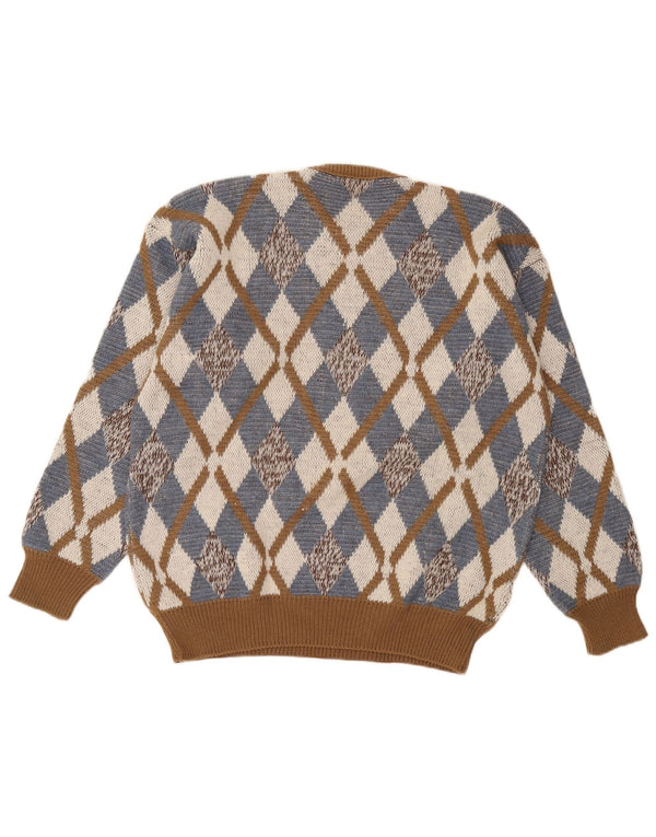 Męski sweter w stylu vintage z okrągłym dekoltem IT 52 Duży brązowy Argyle/Diament