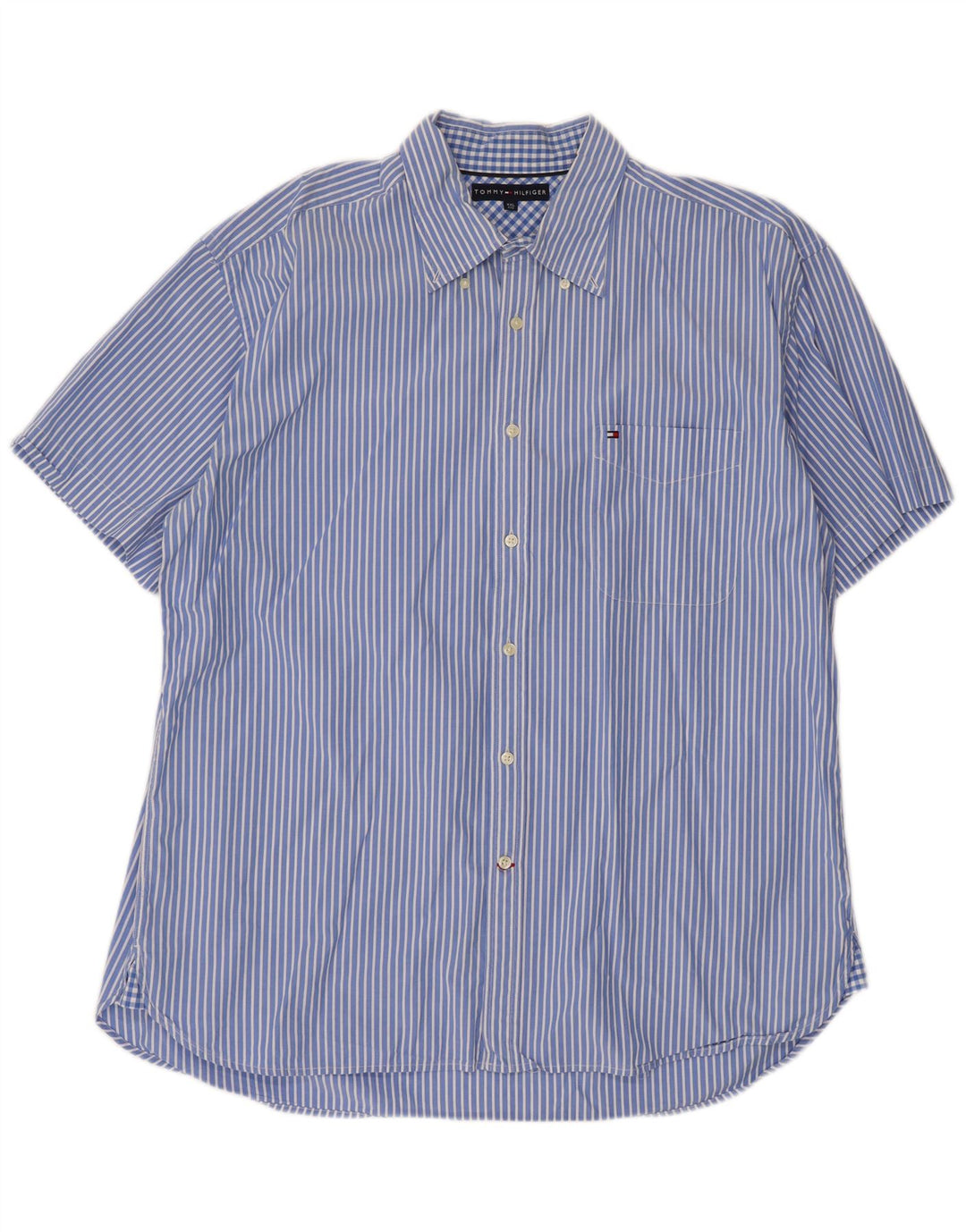 Męska koszula z krótkim rękawem Tommy Hilfiger 2XL, niebieska, bawełniana w prążki