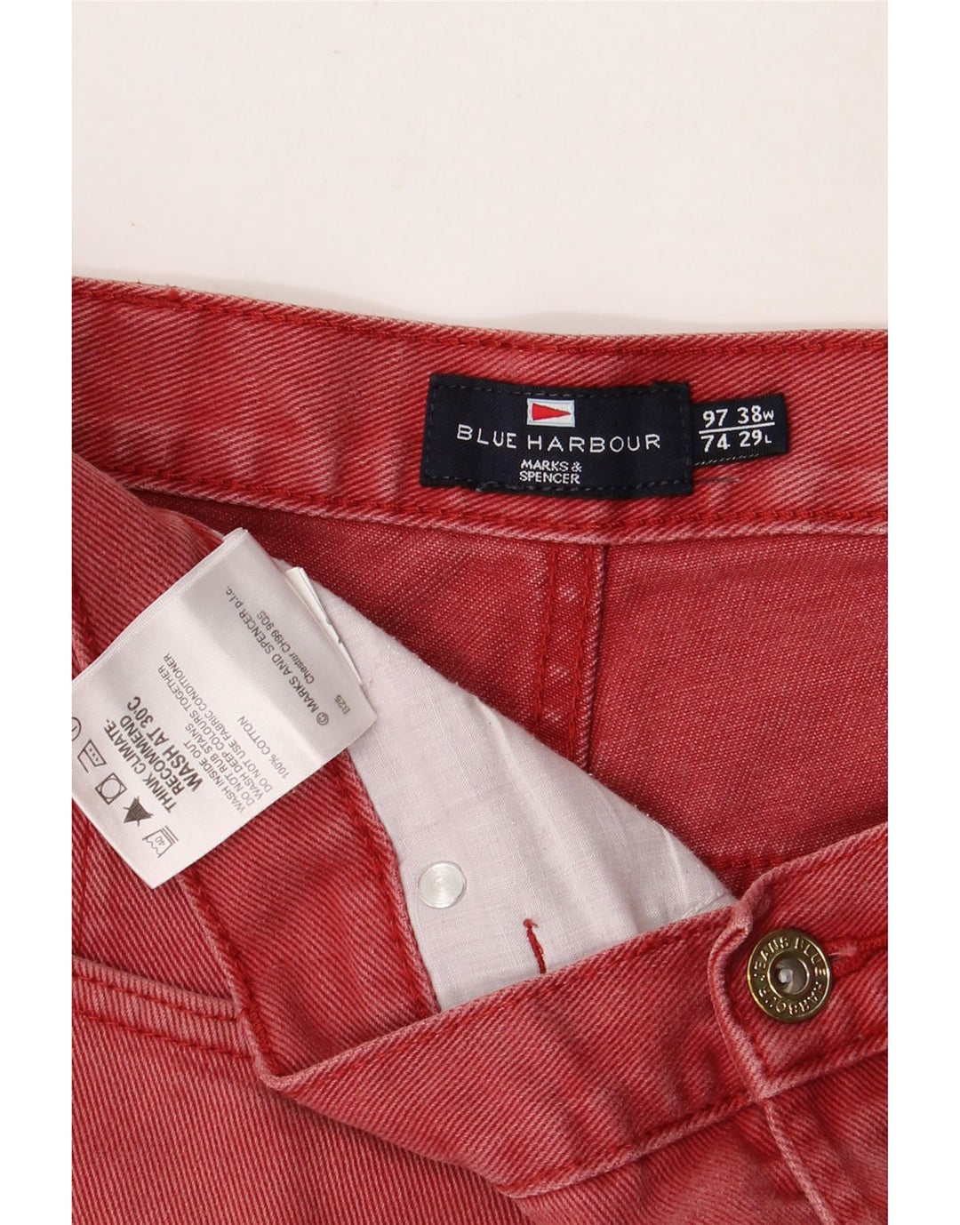 Marks & Spencer Męskie niebieskie dżinsy Harbour W38 L24 czerwone bawełniane