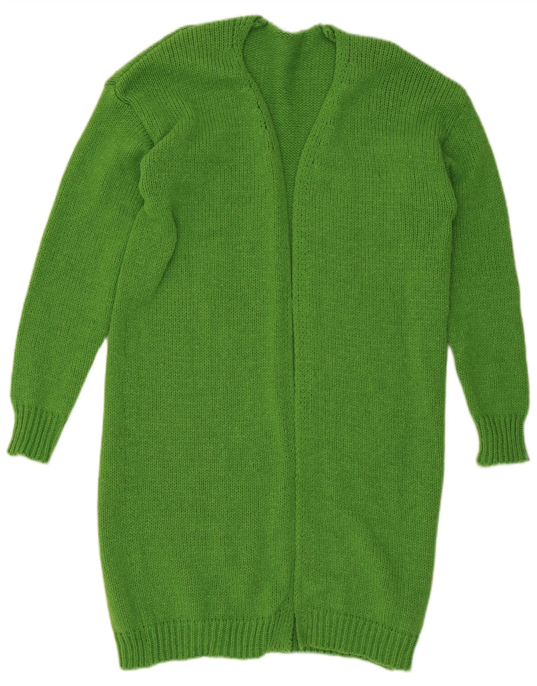 Vintage damski sweter o przedłużonym kroju, z otwartym kardiganem, UK 14, średni zielony poliester