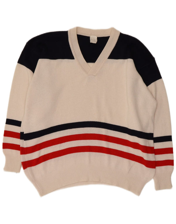 Vintage męski sweter z dekoltem w kształcie litery V, XL, biała, bawełniana w bloki kolorów