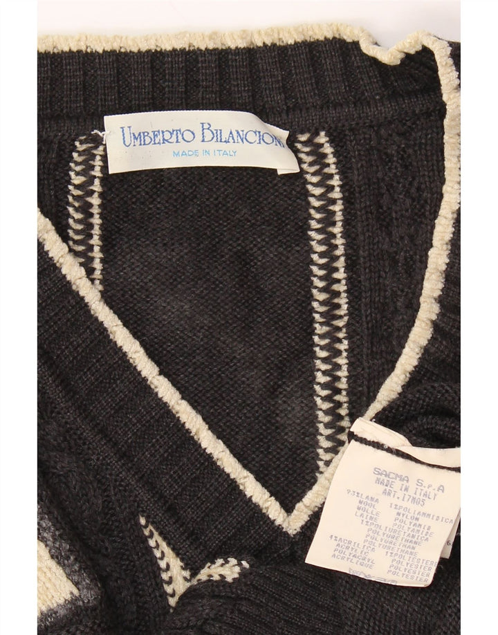 UMBERTO BILANCIONI Męski sweter z dekoltem w kształcie litery V 2XL Szary, geometryczny wełniany