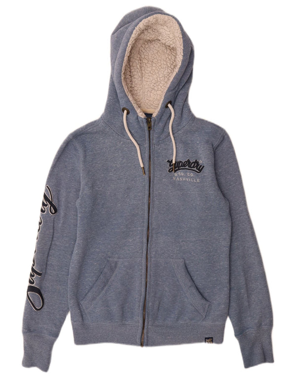 Damski sweter z kapturem i zamkiem błyskawicznym Superdry, UK 8, mały, niebieski, bawełniany