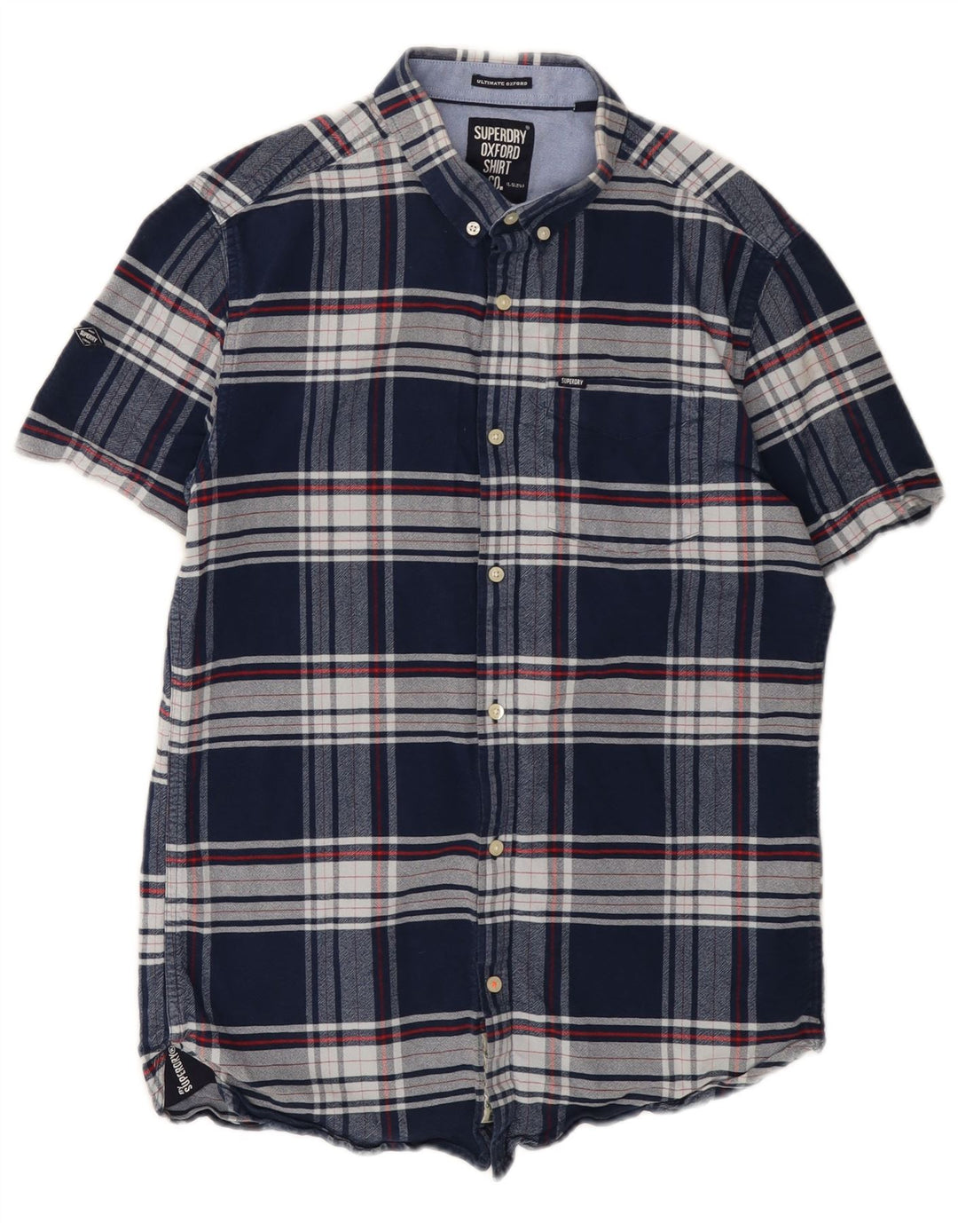 Męska koszula flanelowa Superdry z krótkim rękawem, bawełniana w średnią granatową kratkę