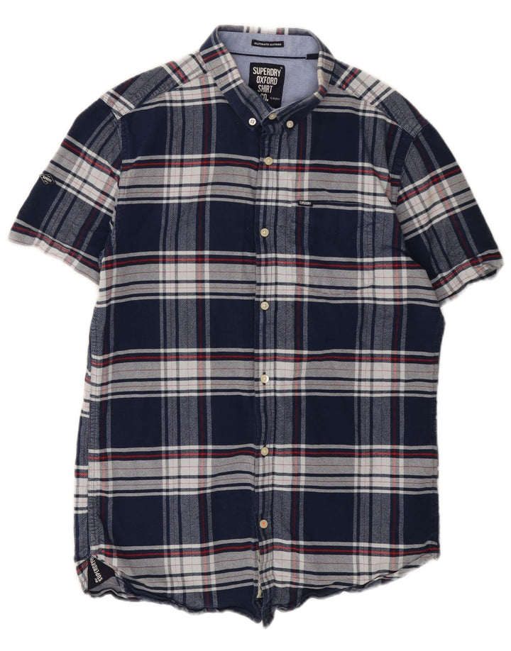 Męska koszula flanelowa Superdry z krótkim rękawem, bawełniana w średnią granatową kratkę