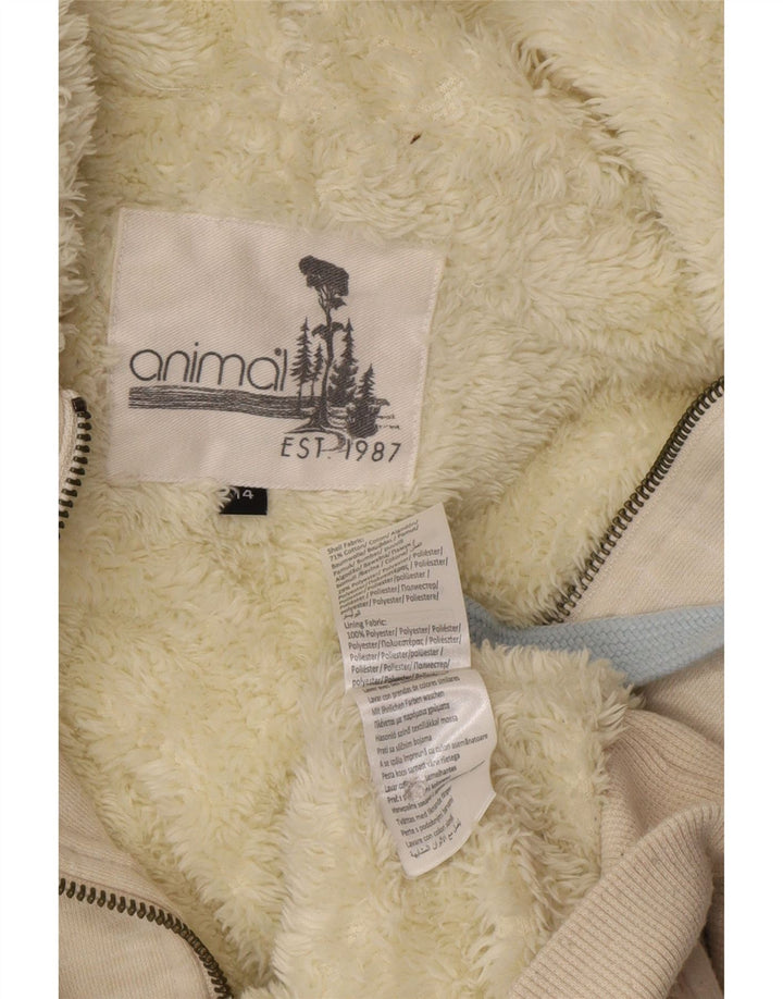 Damski sweter z kapturem i zamkiem w kształcie zwierząt UK 14, duży, złamanej bieli, bawełniany w cętki