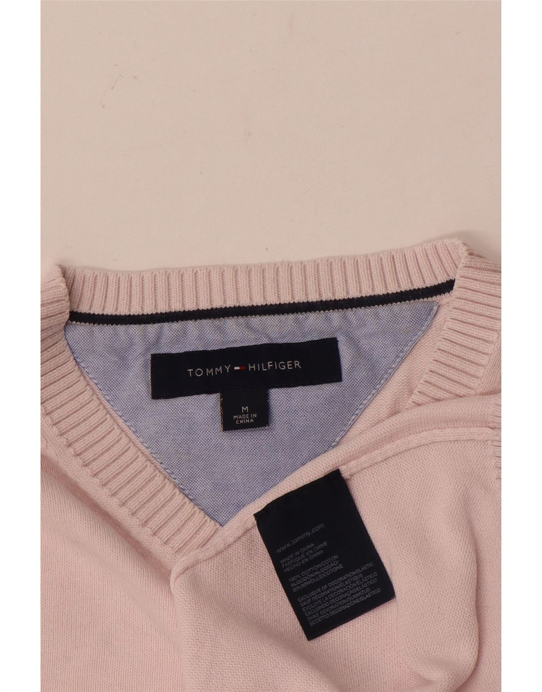 Męski sweter Tommy Hilfiger z dekoltem w kształcie litery V, średnioróżowy, bawełniany