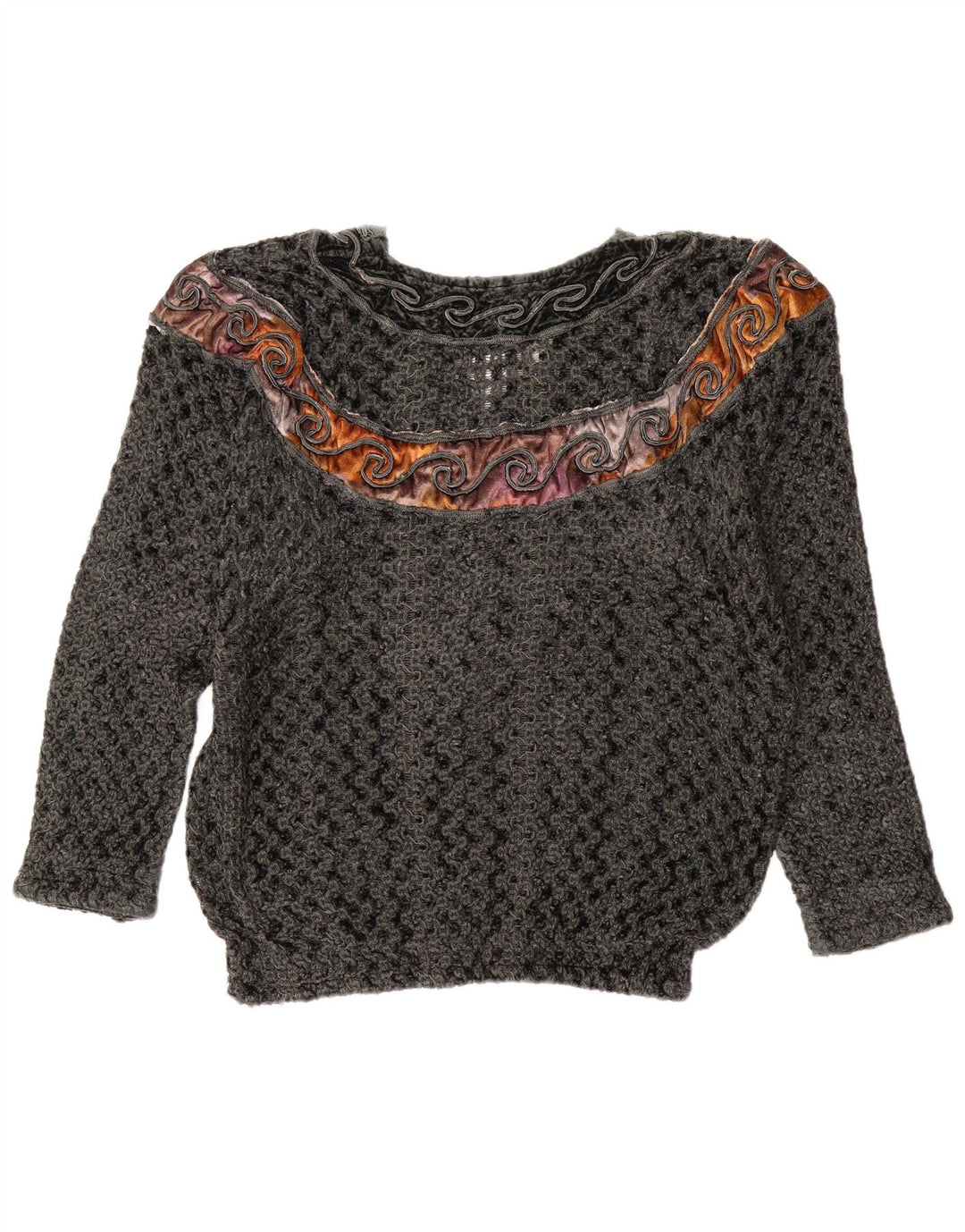 Sweter damski w stylu vintage z dekoltem w kształcie litery V, UK 14, duży szary blok kolorów