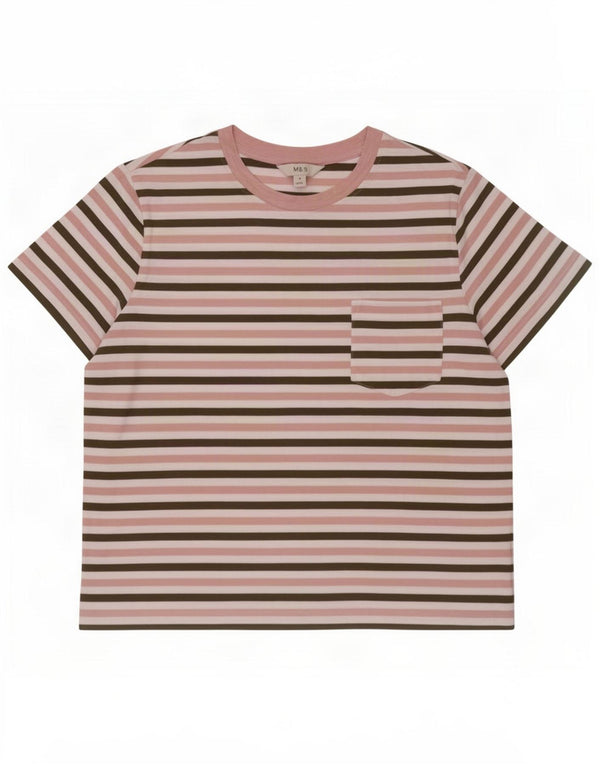 Marks & Spencer T-shirt damski Top UK 14, duży, różowy, bawełniany w paski