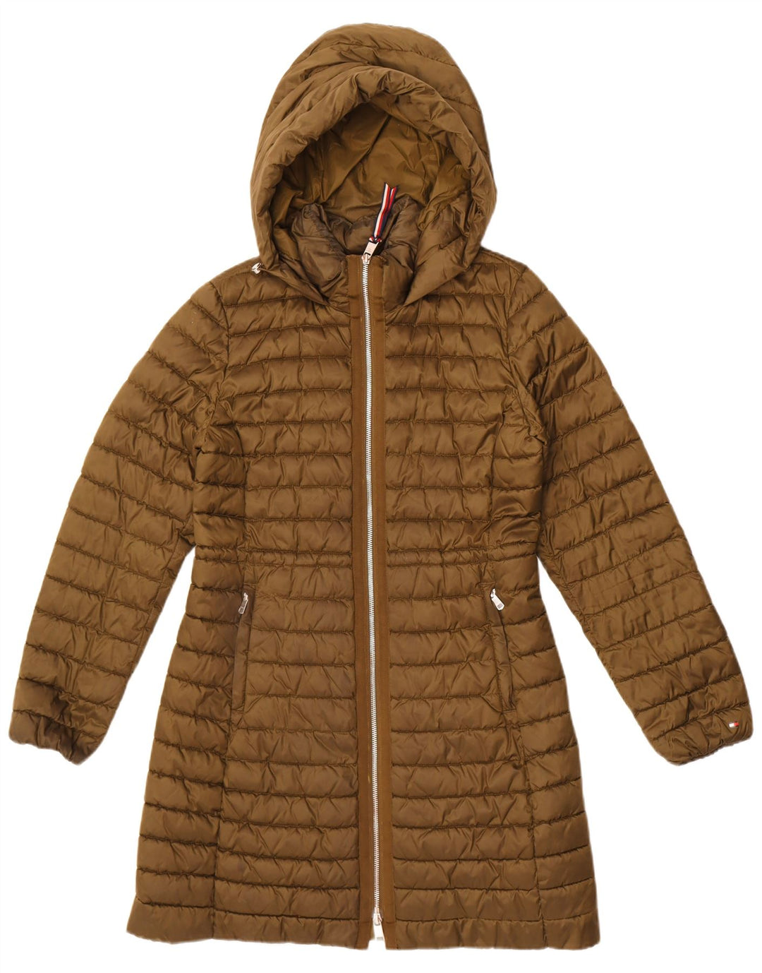 Damski ocieplany płaszcz z kapturem Tommy Hilfiger UK 14, średni khaki, poliamid