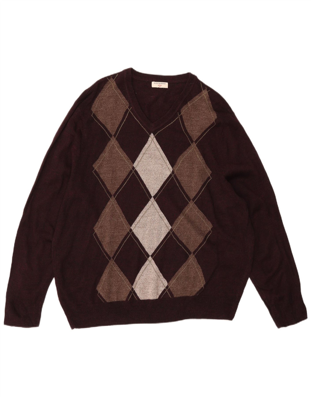 Męski sweter DOCKERS z dekoltem w kształcie litery V, duży, bordowy, wykonany z tkaniny argyle/diament