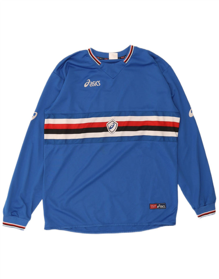 Męski graficzny top Asics z długim rękawem, duży, niebieski, poliestrowy w paski