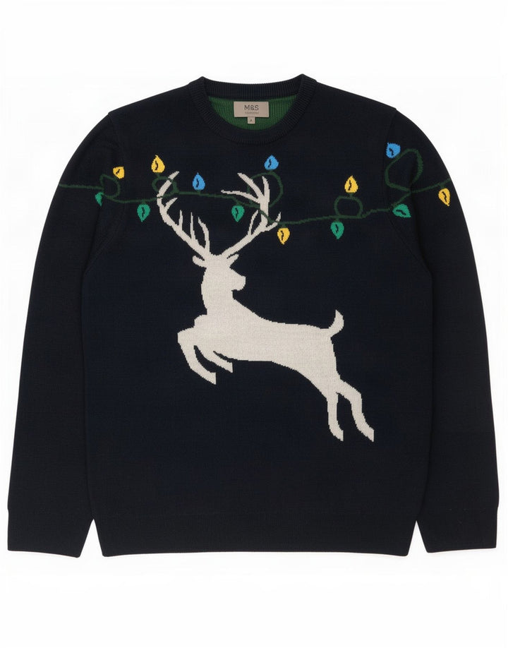 Marks & Spencer Męski sweter z okrągłym dekoltem, duży, granatowy, świąteczny