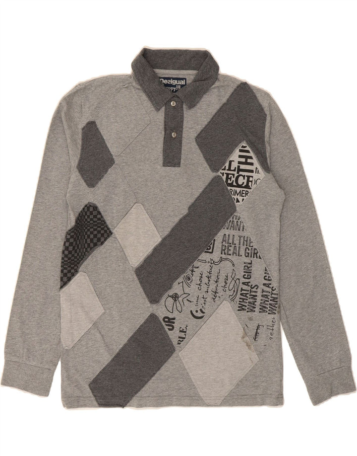 DESIGUAL Mens Graphic Long Sleeve Polo Shirt Medium Grey Argyle/Diamond Vintage Desigual and Second-Hand Desigual from Messina Hembry 