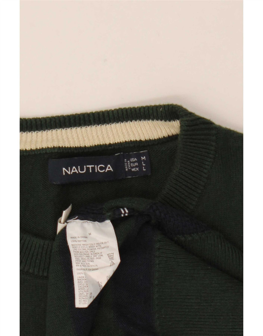 Męski sweter Nautica z okrągłym dekoltem, bawełniany, w średnie zielone paski