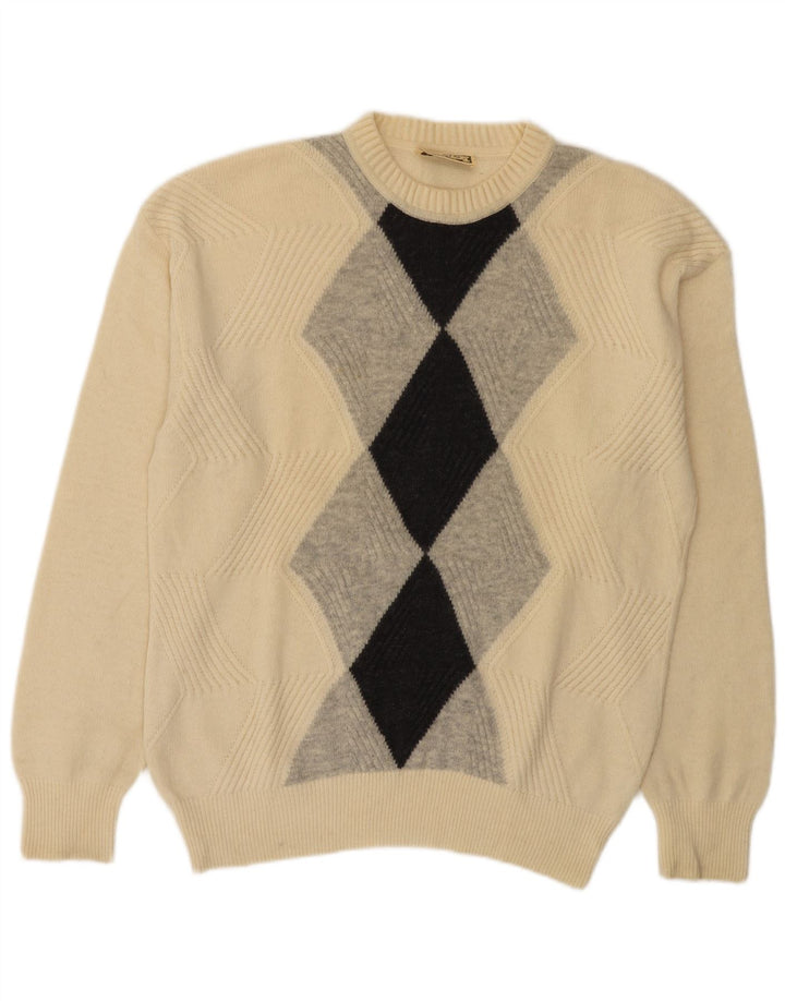 Męski vintage sweter z okrągłym dekoltem IT 50 Medium ecru w romby/diamenty