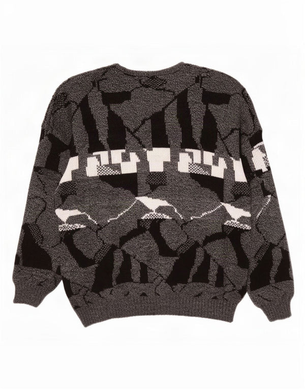 Vintage męski sweter z dekoltem w kształcie litery V, XL, szary, geometryczny akryl