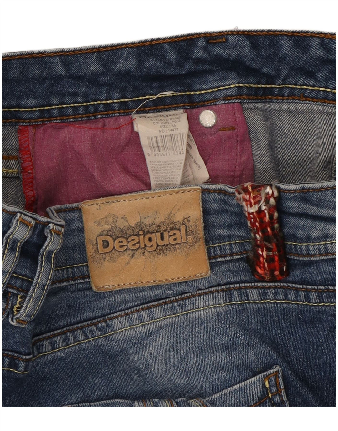 DESIGUAL Damskie tęczowe proste dżinsy W34 L28 Niebieskie bawełniane