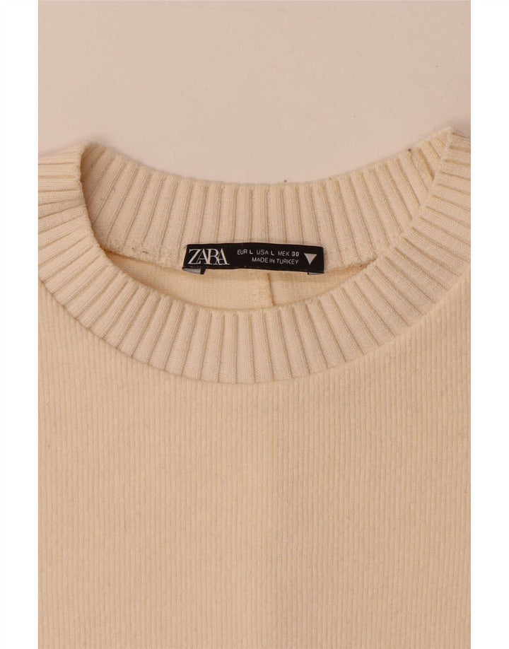 Damski sweter oversize Zara z okrągłym dekoltem UK 16, duży w kolorze złamanej bieli