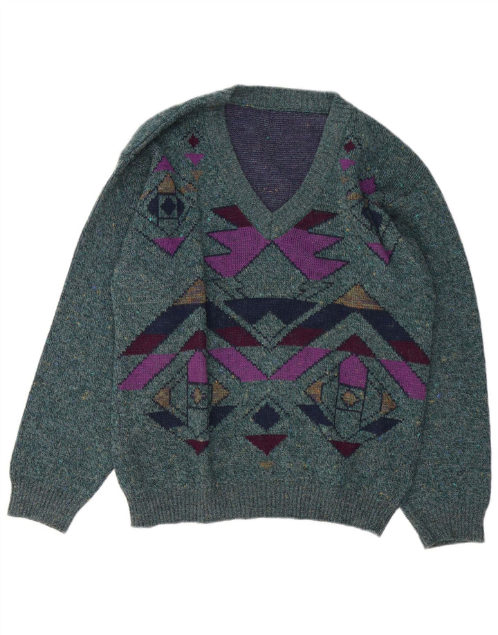 Vintage męski sweter z dekoltem w kształcie litery V, duży, zielony, geometryczny