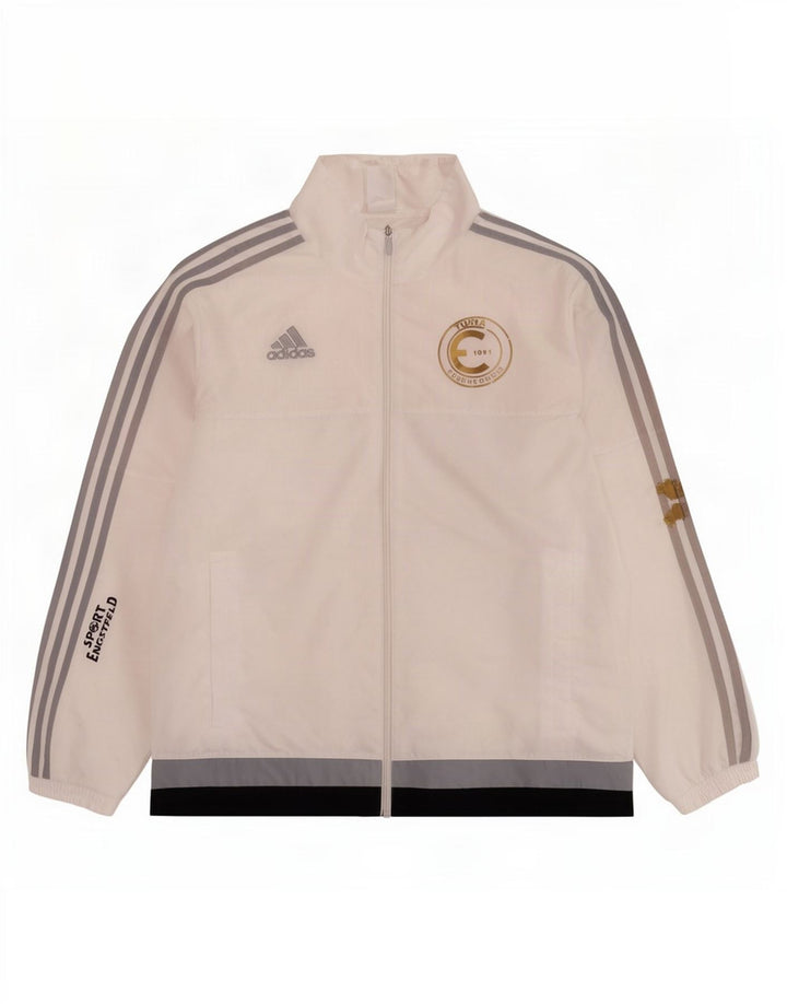 Adidas Męska bluza dresowa z grafiką, duża, biała, poliestrowa z blokami kolorów