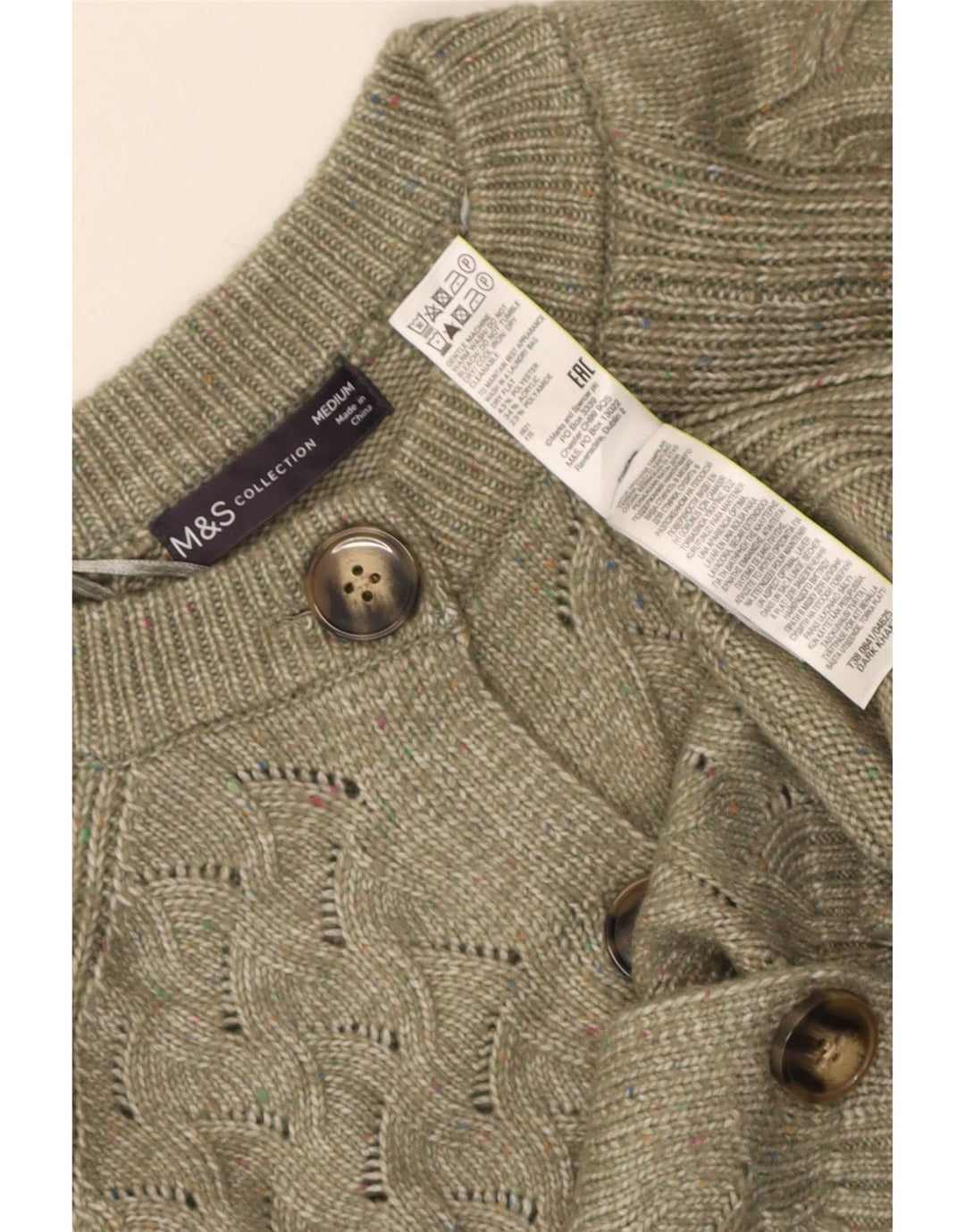 Marks & Spencer Damski sweter kardigan UK 14, średni, khaki, poliester