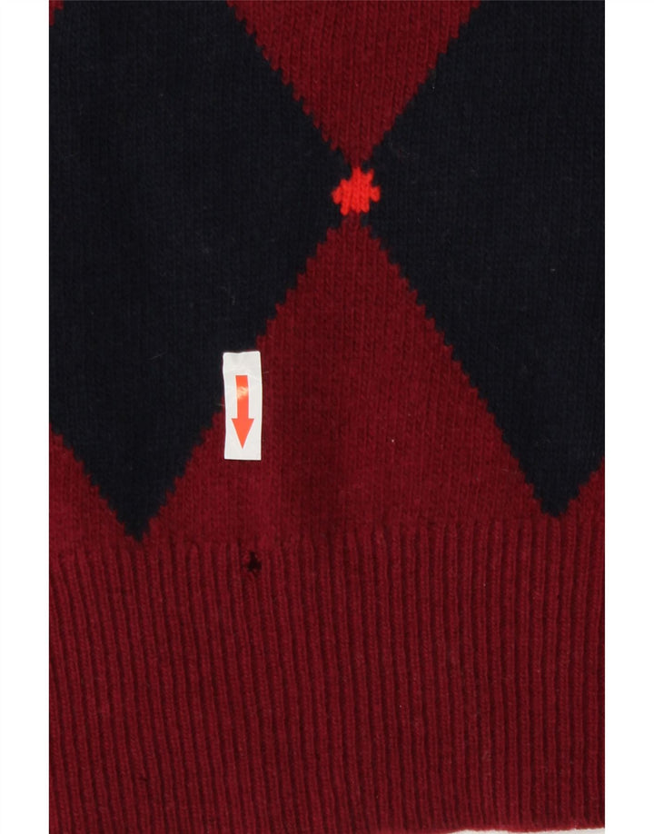 Sweter męski w stylu vintage z dekoltem w szpic, średni burgund, argyle/diamentowa wełna owcza