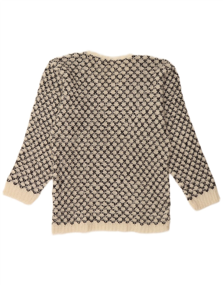 Sweter damski w stylu vintage z dekoltem w kształcie litery V, UK 14, średni, złamany biały geometryczny