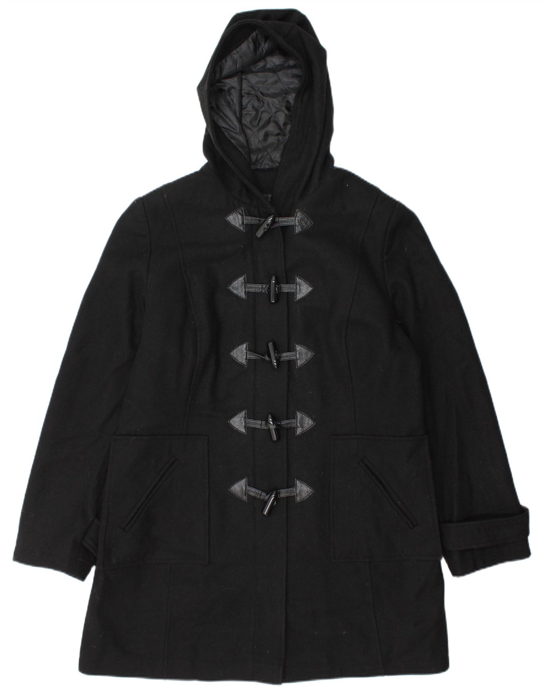 Vintage damski płaszcz z kapturem i kapturem UK 14, duża czarna wełna