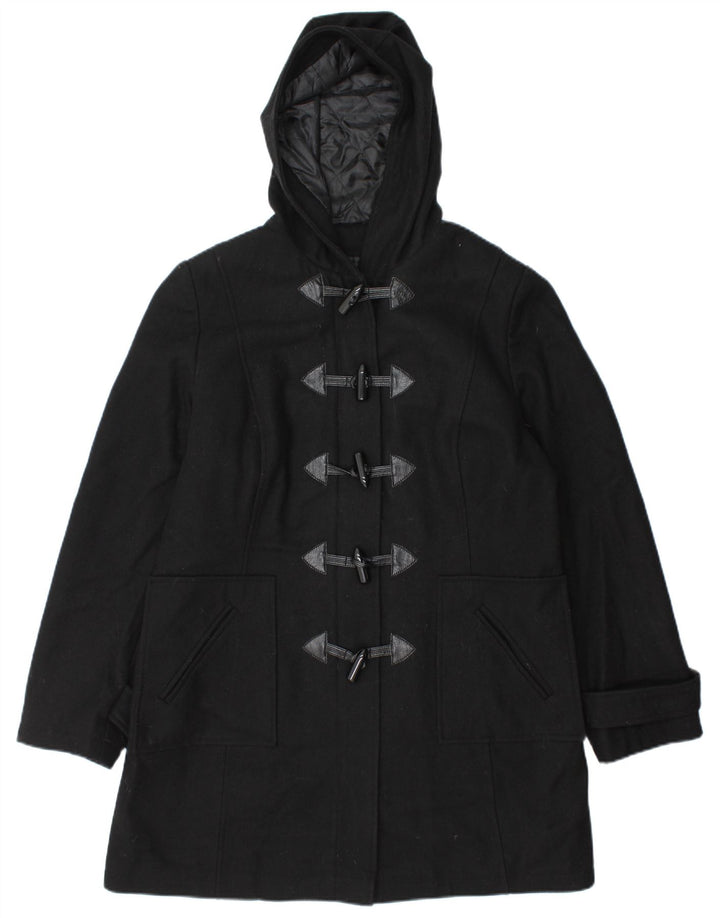 Vintage damski płaszcz z kapturem i kapturem UK 14, duża czarna wełna