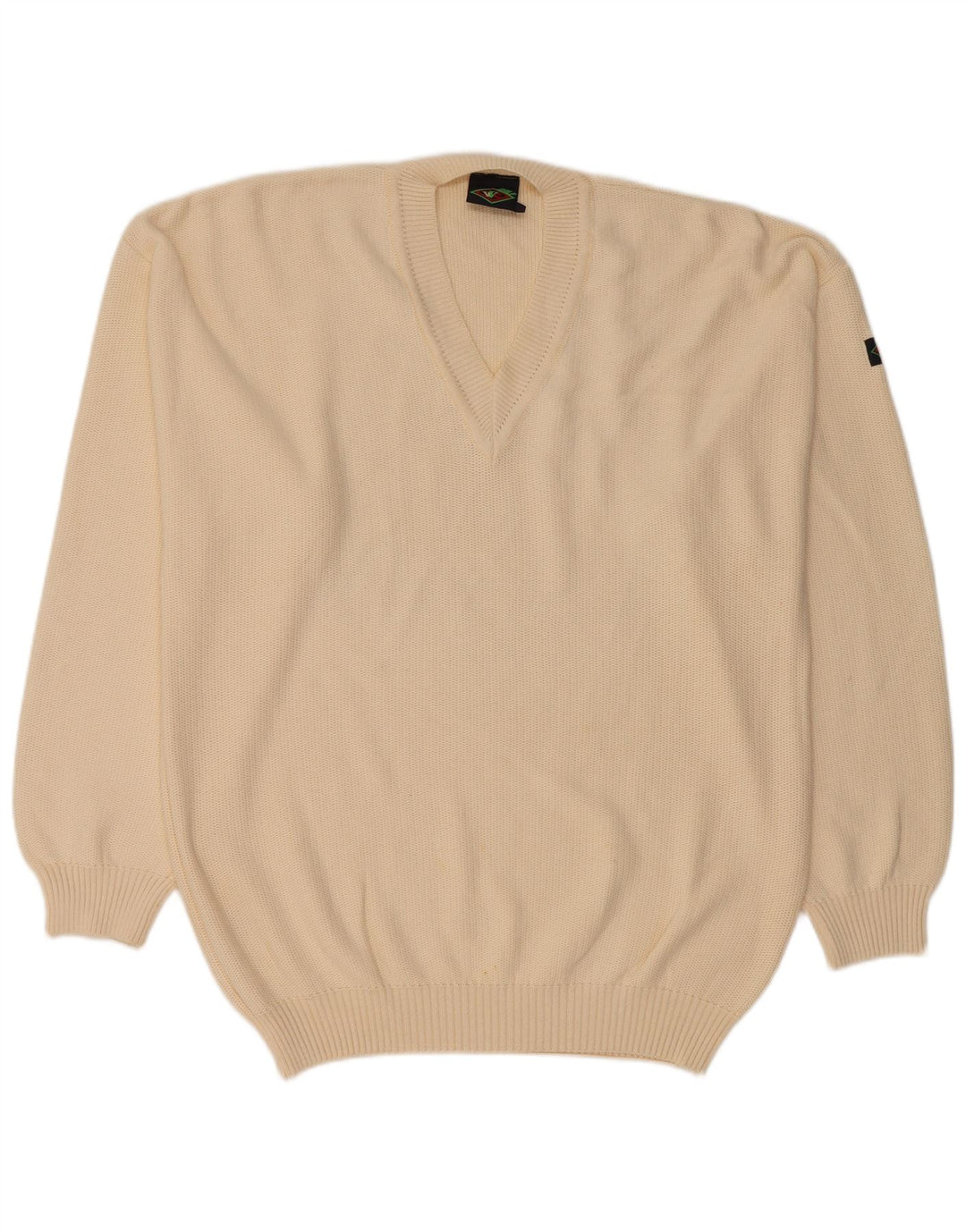 Męski sweter VINTAGE z dekoltem w szpic, duży, beżowy, bawełniany