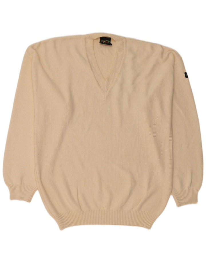 Męski sweter VINTAGE z dekoltem w szpic, duży, beżowy, bawełniany